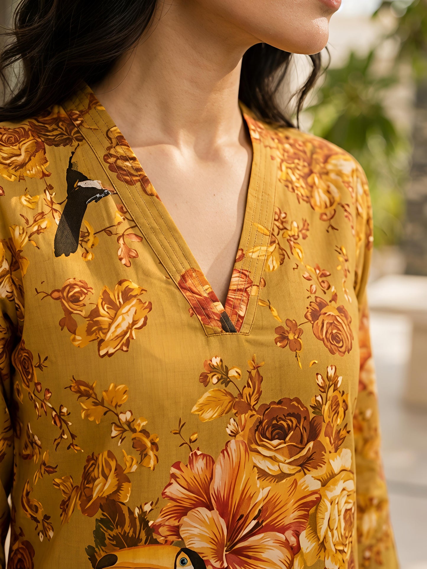 Yellow Printed Floral Polyester V-Neck Casual Co-Ord Set