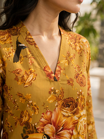 Yellow Printed Floral Polyester V-Neck Casual Co-Ord Set