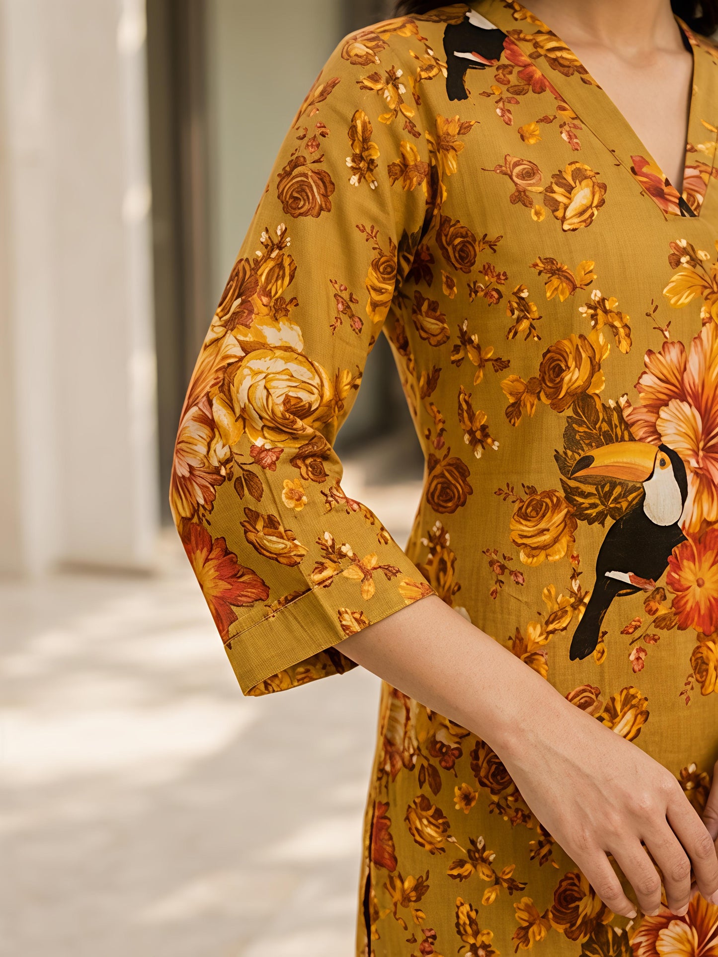 Yellow Printed Floral Polyester V-Neck Casual Co-Ord Set