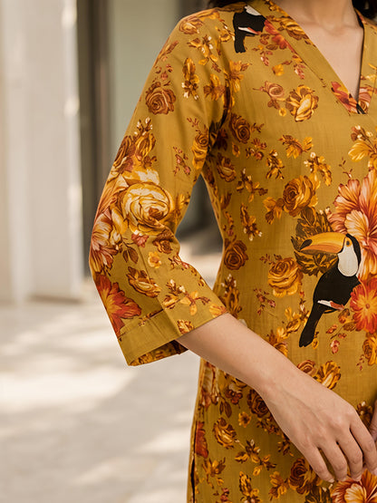 Yellow Printed Floral Polyester V-Neck Casual Co-Ord Set