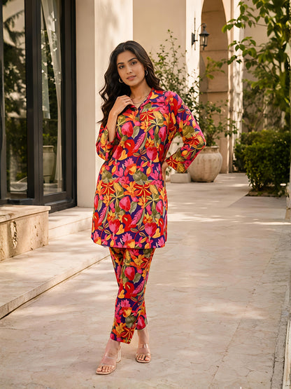Multicolor Printed Polyester Floral Casual Stylish Co-Ord Set