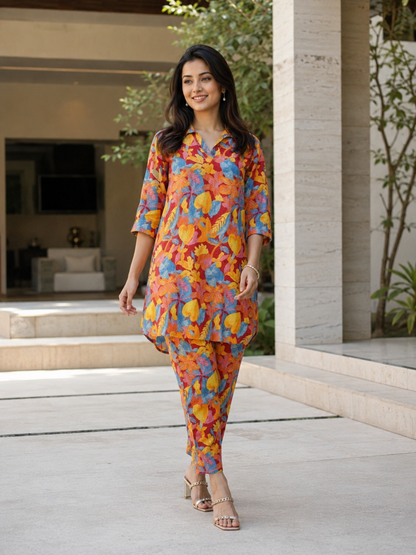 Multicolor Printed Floral Polyester Casual Stylish Co-Ord Set