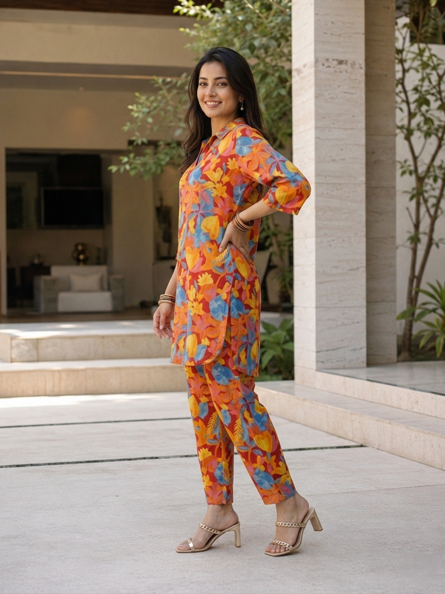 Multicolor Printed Floral Polyester Casual Stylish Co-Ord Set