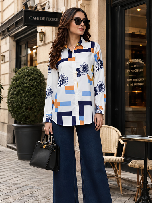 White Printed Geometric Floral Collared Button Down Shirt