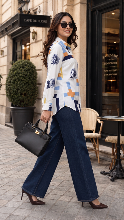 White Printed Geometric Floral Collared Button Down Shirt