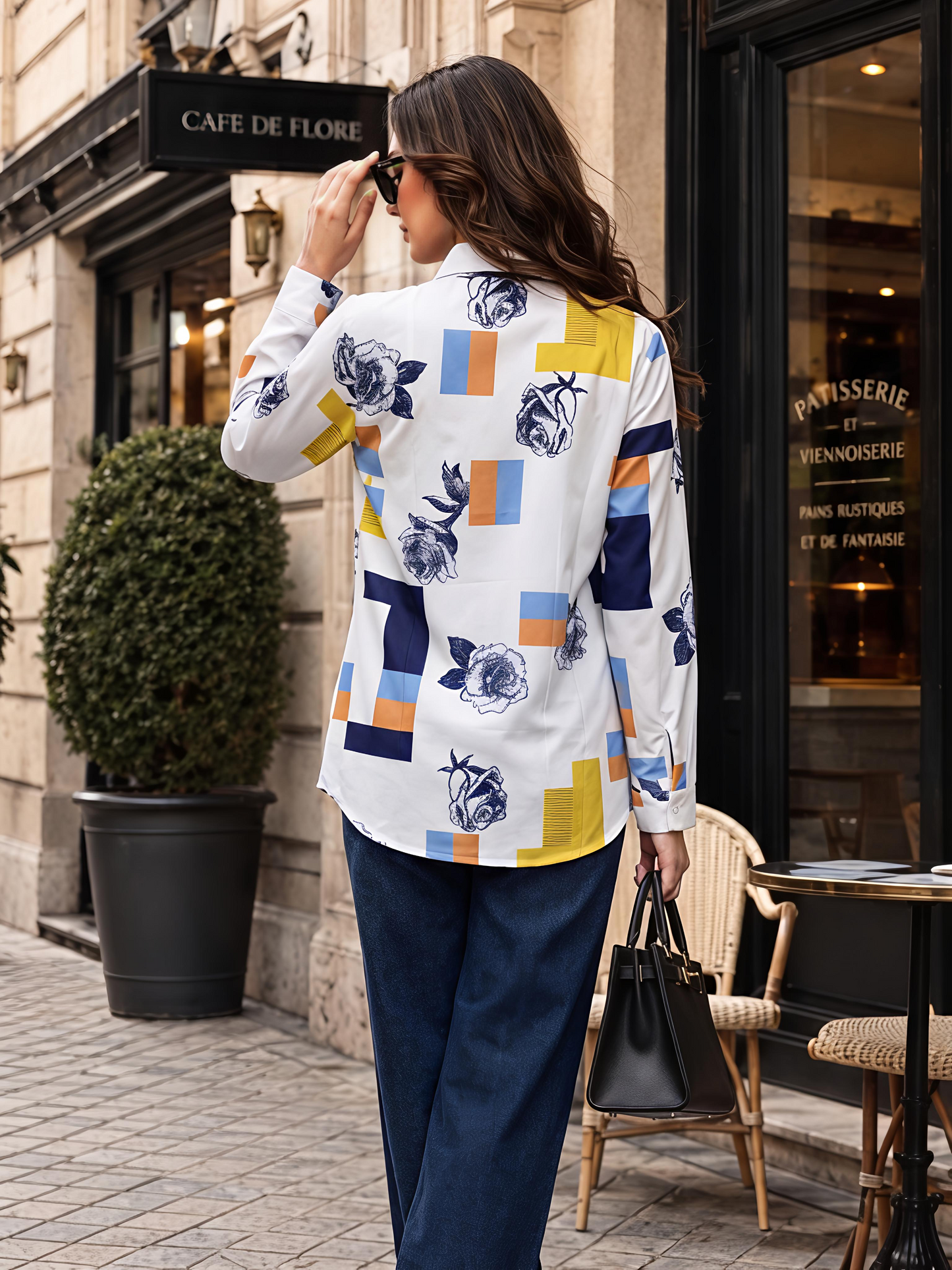 White Printed Geometric Floral Collared Button Down Shirt