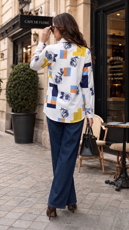 White Printed Geometric Floral Collared Button Down Shirt