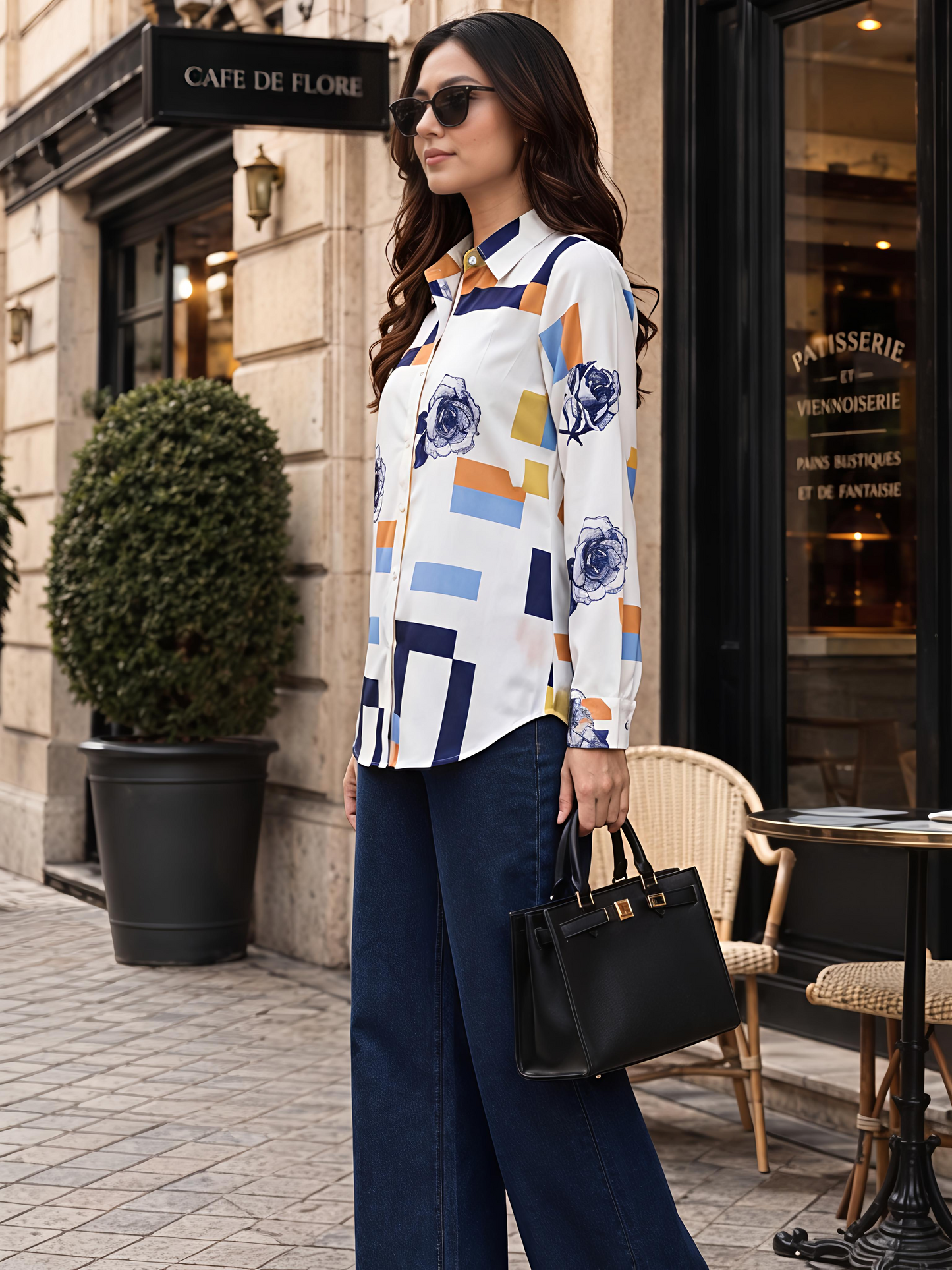 White Printed Geometric Floral Collared Button Down Shirt