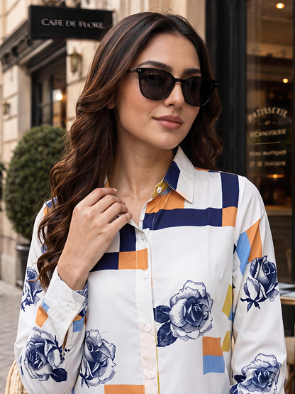 White Printed Geometric Floral Collared Button Down Shirt