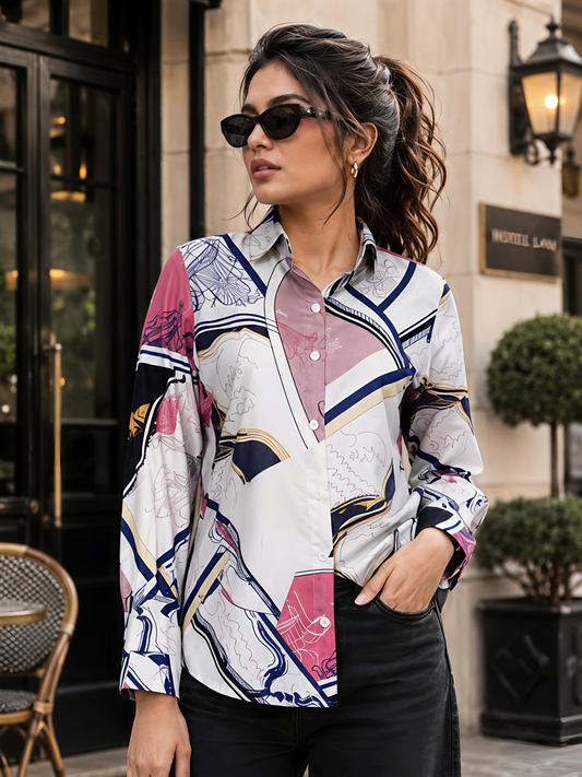 Peach Printed Geometric Floral Collared Button Down Shirt Women