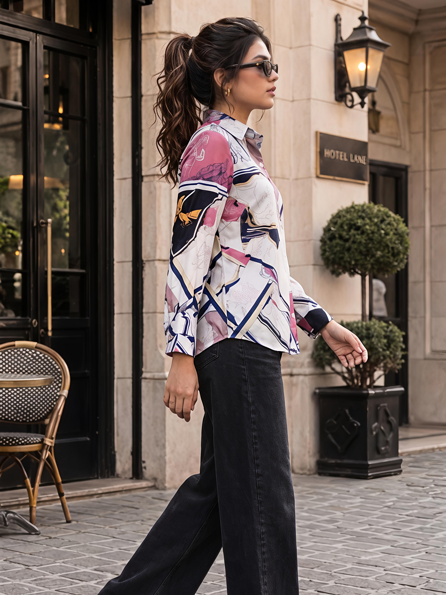 Peach Printed Geometric Floral Collared Button Down Shirt Women