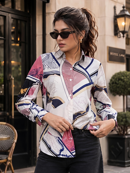 Peach Printed Geometric Floral Collared Button Down Shirt Women