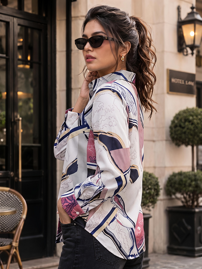Peach Printed Geometric Floral Collared Button Down Shirt Women
