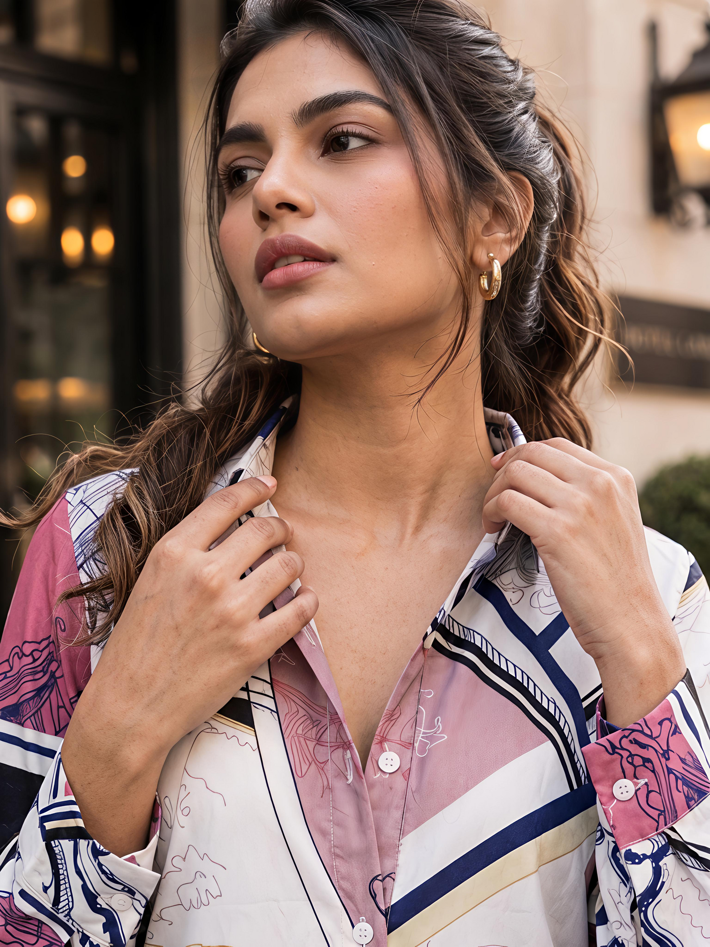 Peach Printed Geometric Floral Collared Button Down Shirt Women