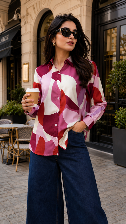 Pink Printed Geometric Collared Button Down Shirt Women