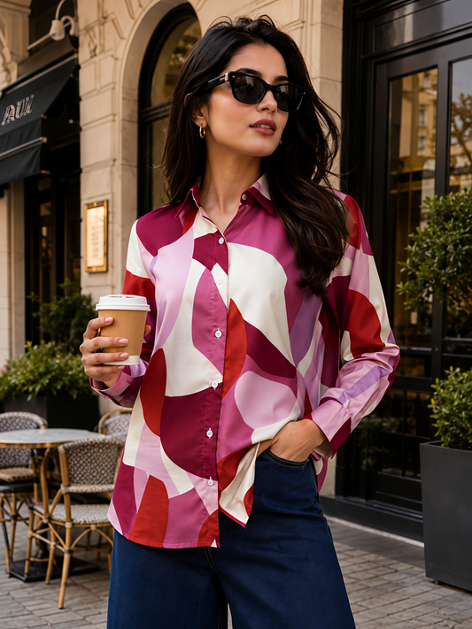 Pink Printed Geometric Collared Button Down Shirt Women