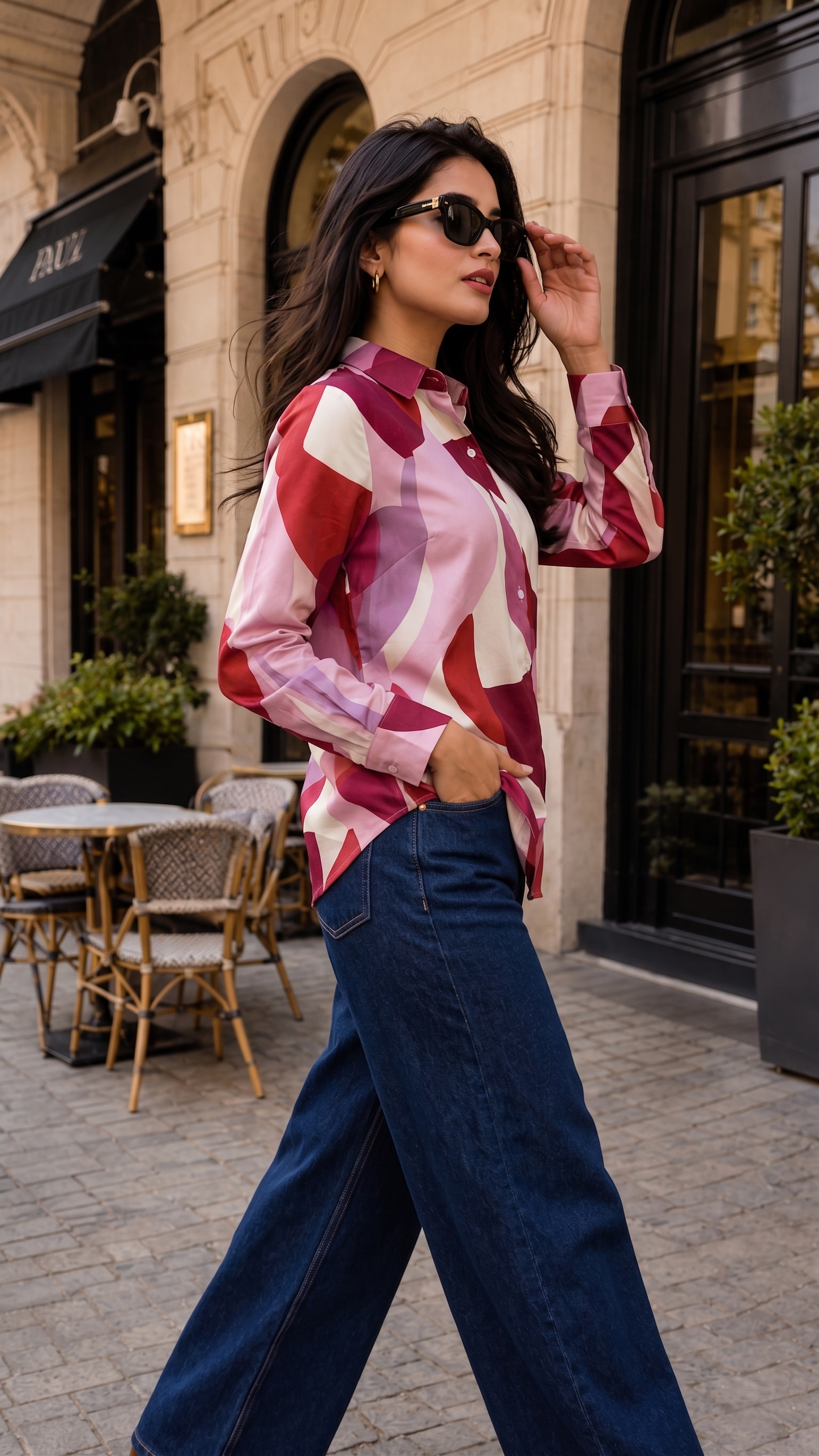 Pink Printed Geometric Collared Button Down Shirt Women