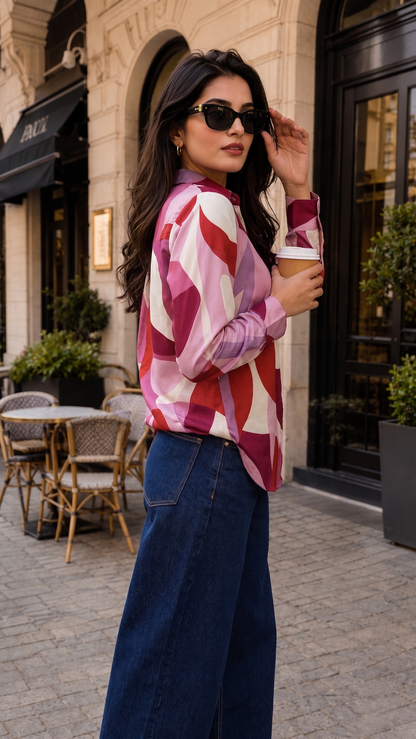 Pink Printed Geometric Collared Button Down Shirt Women