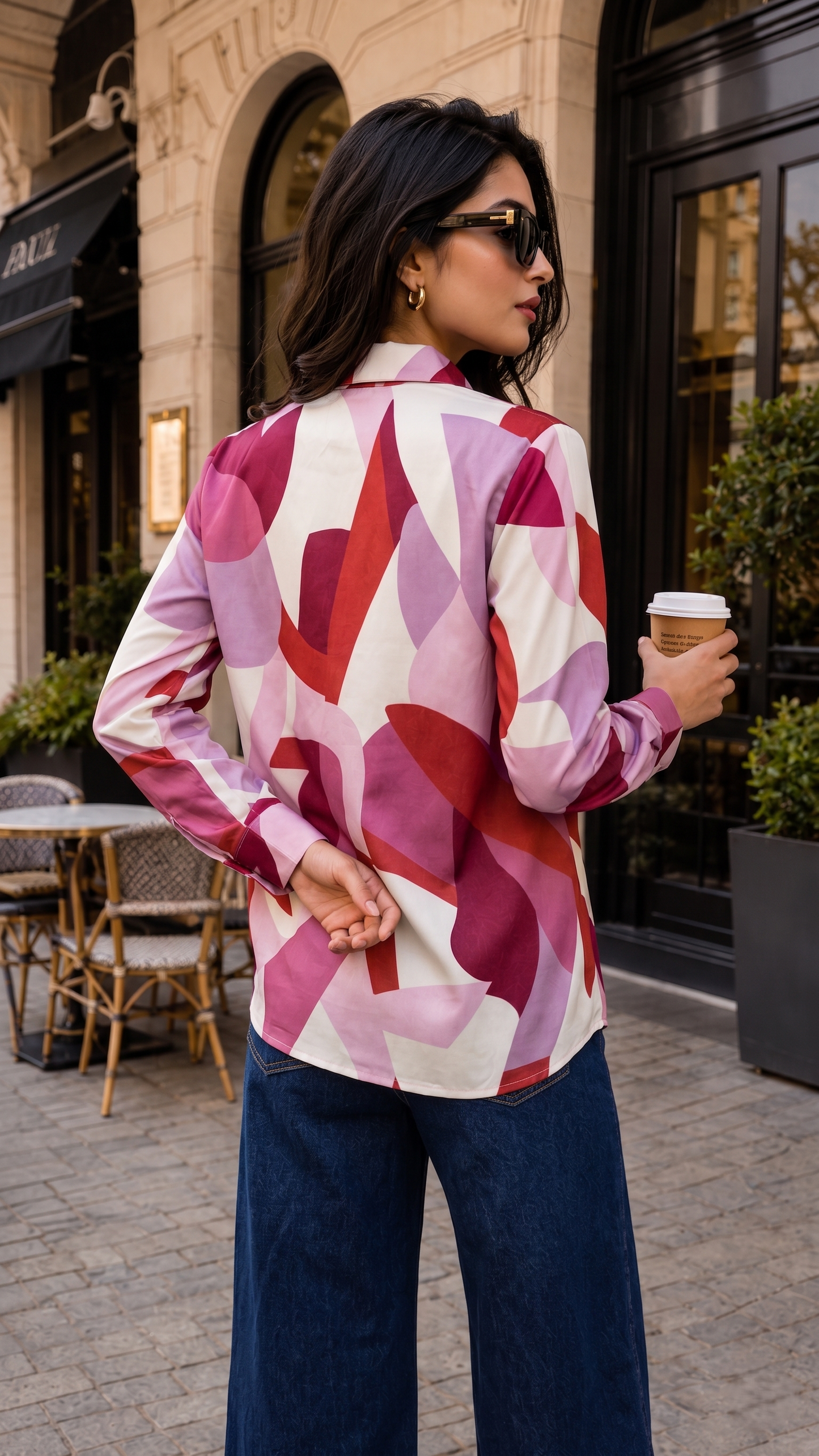Pink Printed Geometric Collared Button Down Shirt Women