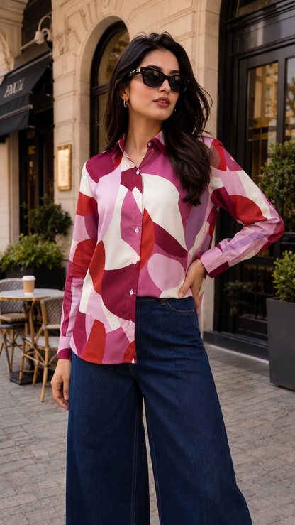 Pink Printed Geometric Collared Button Down Shirt Women