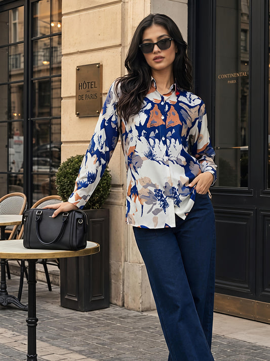 Blue Printed Geometric Floral Collared Button Down Shirt Women