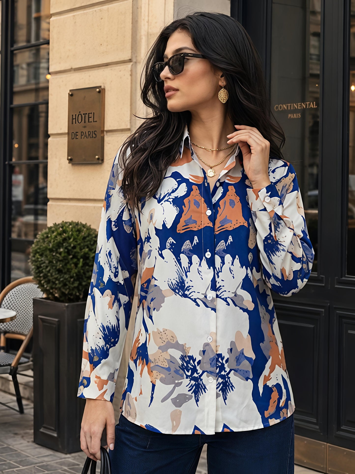 Blue Printed Geometric Floral Collared Button Down Shirt Women