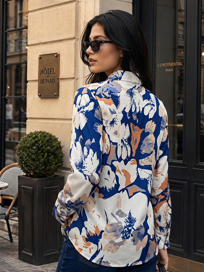 Blue Printed Geometric Floral Collared Button Down Shirt Women