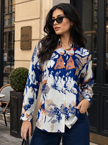 Blue Printed Geometric Floral Collared Button Down Shirt Women