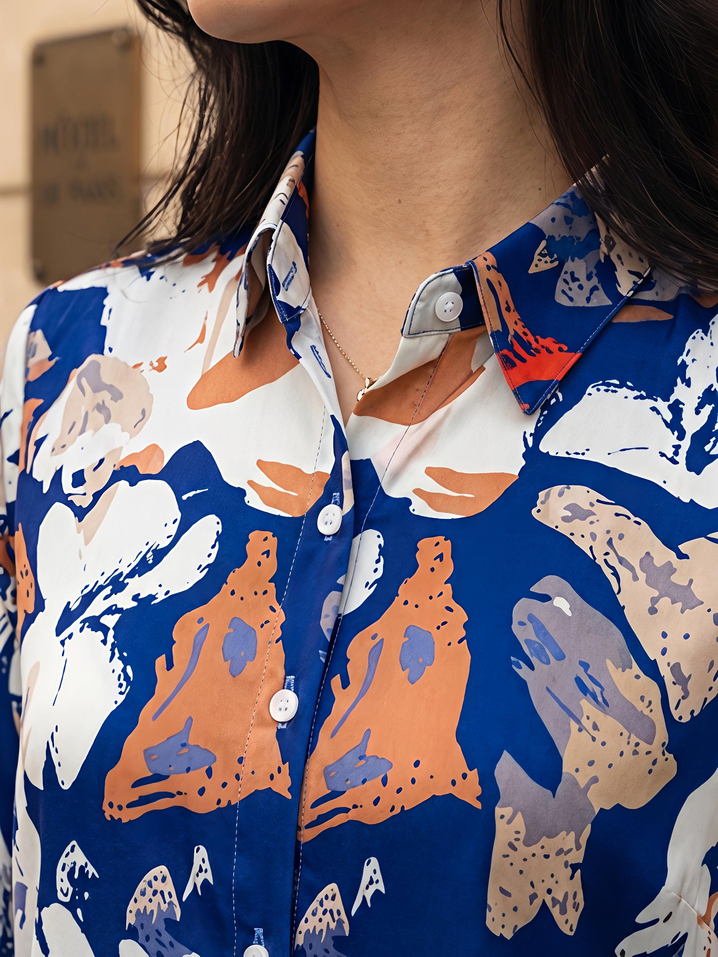 Blue Printed Geometric Floral Collared Button Down Shirt Women