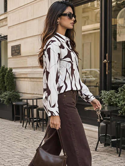 Brown Printed Geometric Floral Collared Button Down Shirt Women
