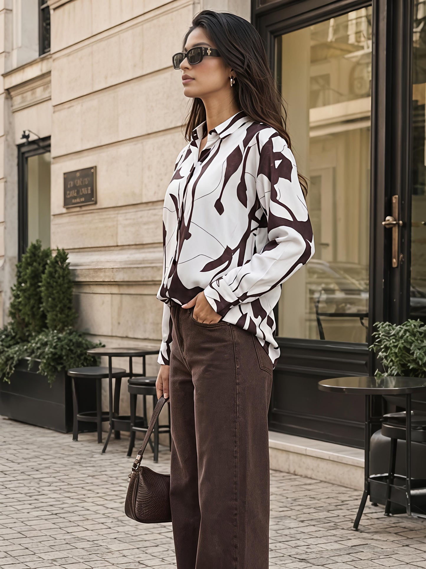 Brown Printed Geometric Floral Collared Button Down Shirt Women