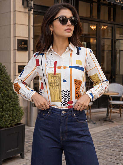 White Printed Geometric Floral Collared Button Down Shirt Women