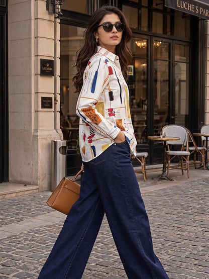 White Printed Geometric Floral Collared Button Down Shirt Women