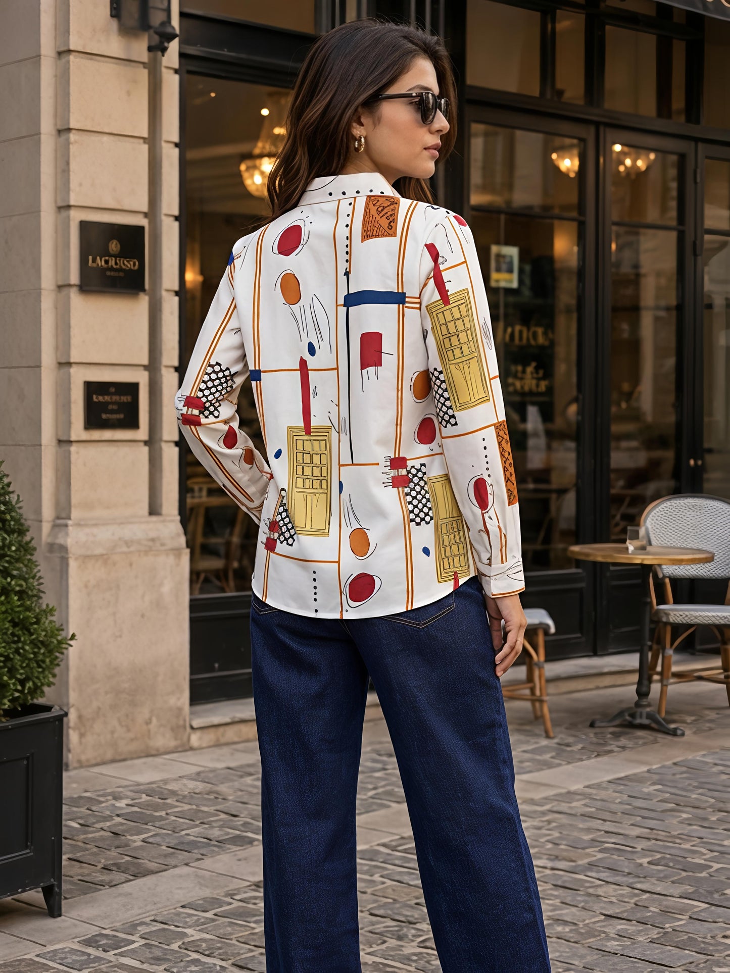 White Printed Geometric Floral Collared Button Down Shirt Women