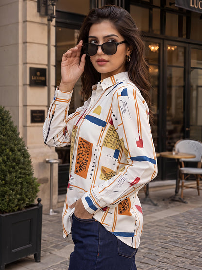 White Printed Geometric Floral Collared Button Down Shirt Women
