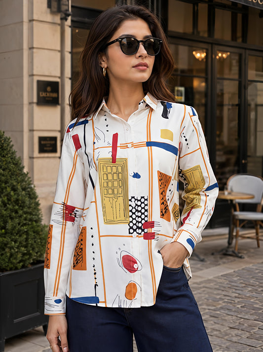 White Printed Geometric Floral Collared Button Down Shirt Women