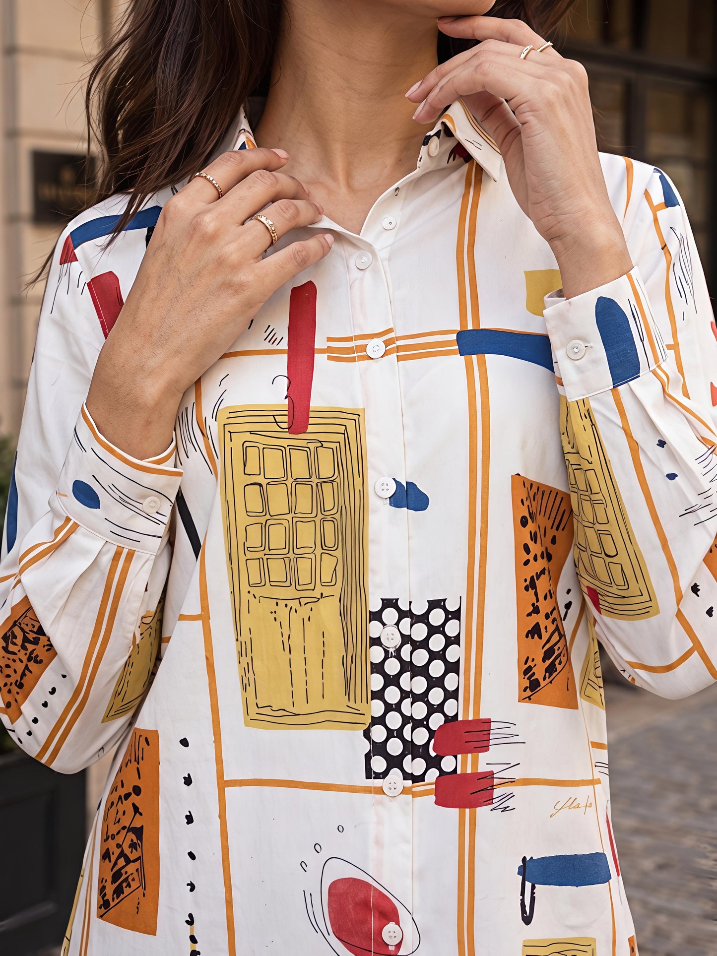White Printed Geometric Floral Collared Button Down Shirt Women