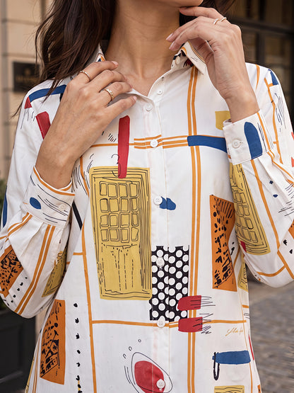 White Printed Geometric Floral Collared Button Down Shirt Women
