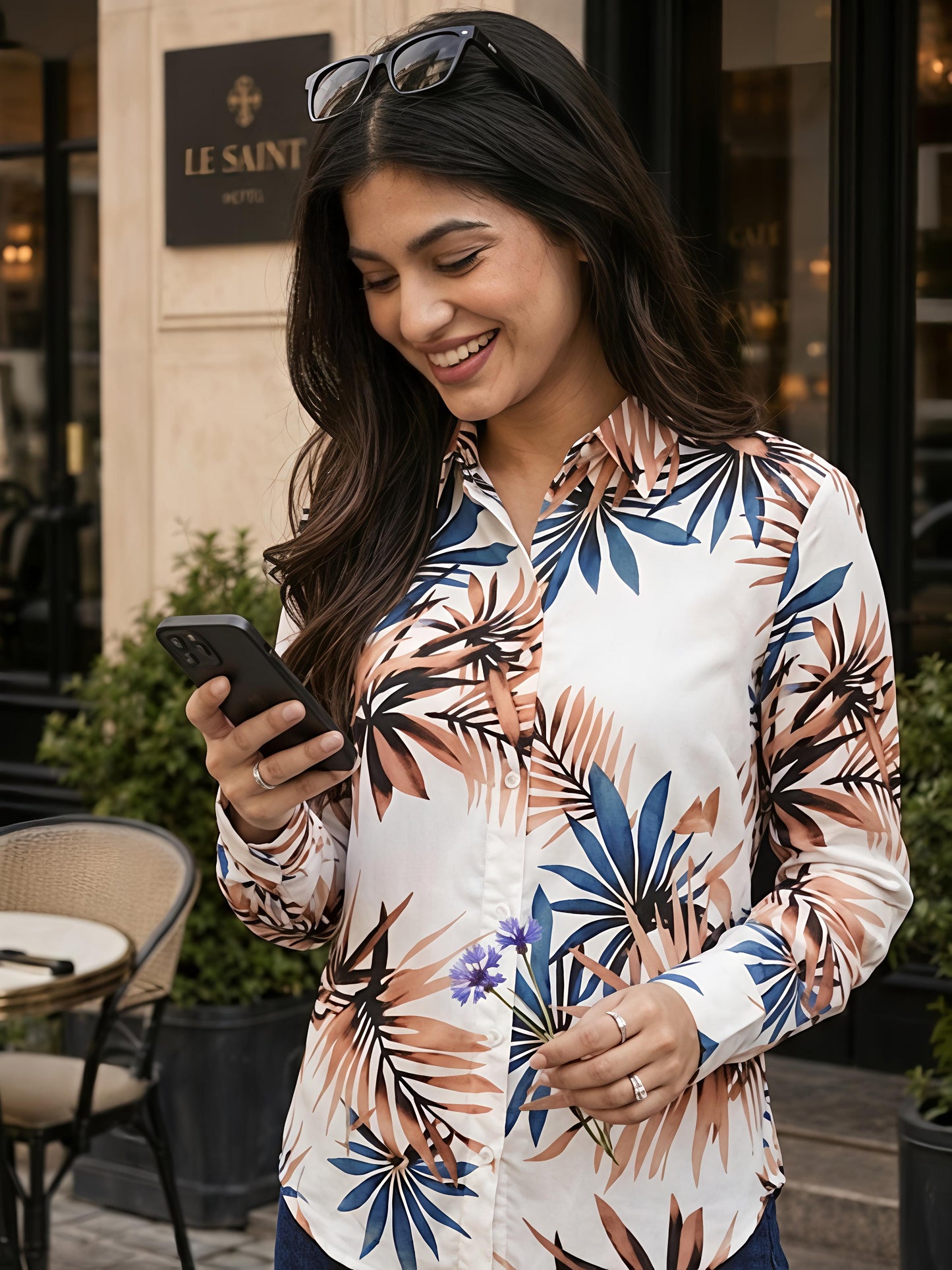 White Printed Tropical Floral Collared Button Down Shirt Women