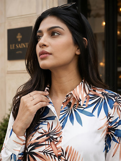White Printed Tropical Floral Collared Button Down Shirt Women