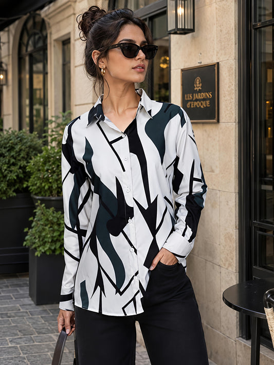 Green Printed Geometric Floral Collared Button Down Shirt Women