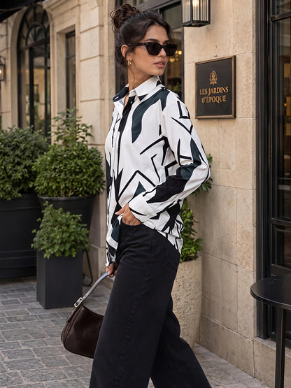 Green Printed Geometric Floral Collared Button Down Shirt Women