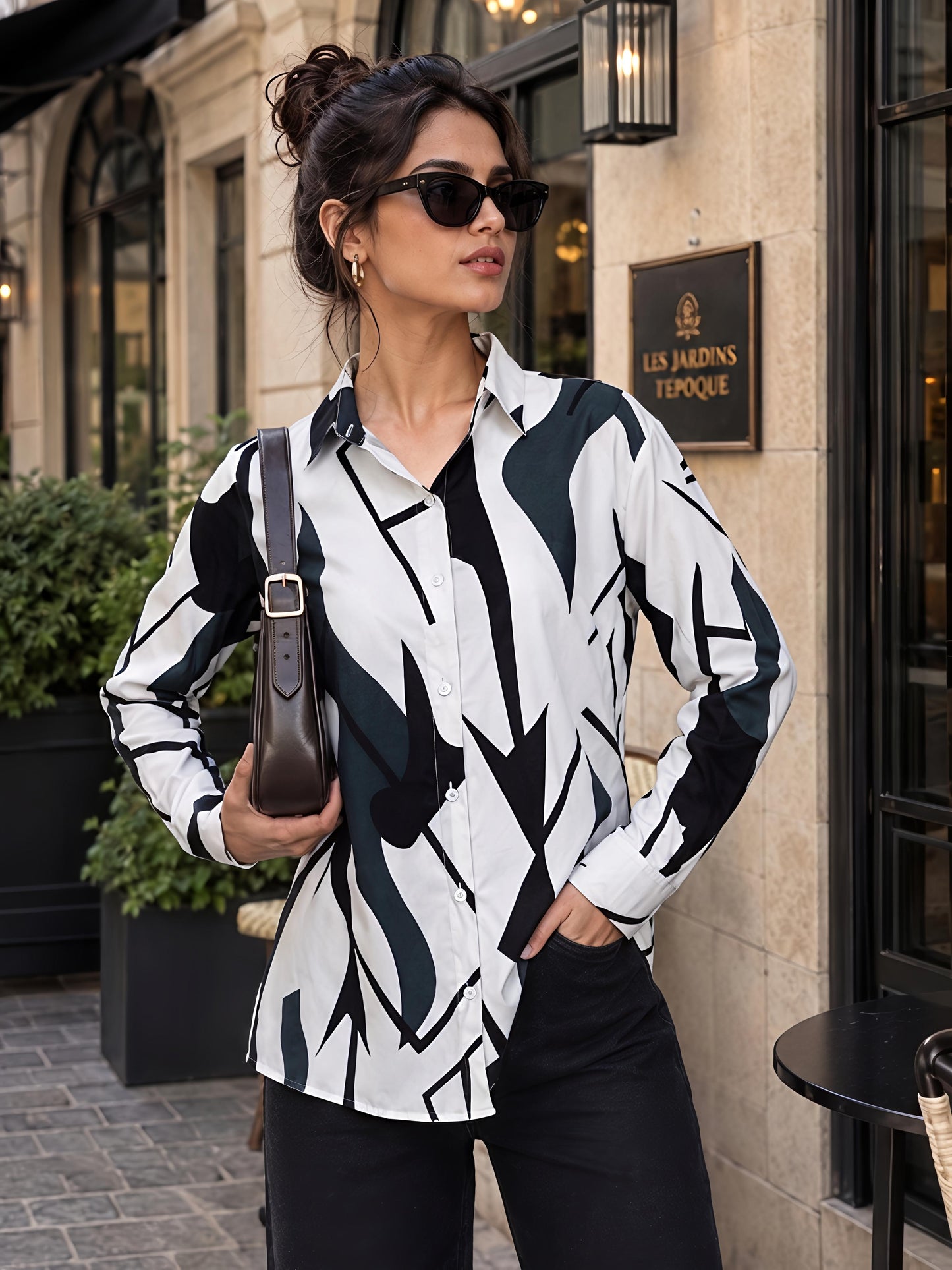 Green Printed Geometric Floral Collared Button Down Shirt Women
