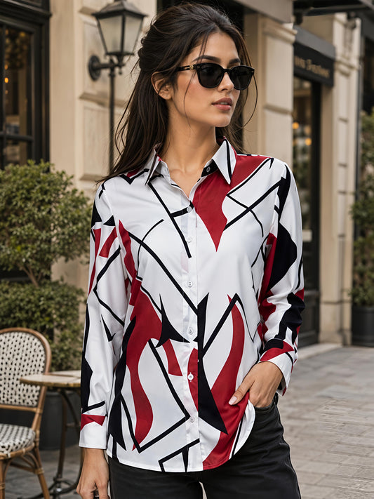 White Printed Geometric Floral Collared Button Down Shirt Women