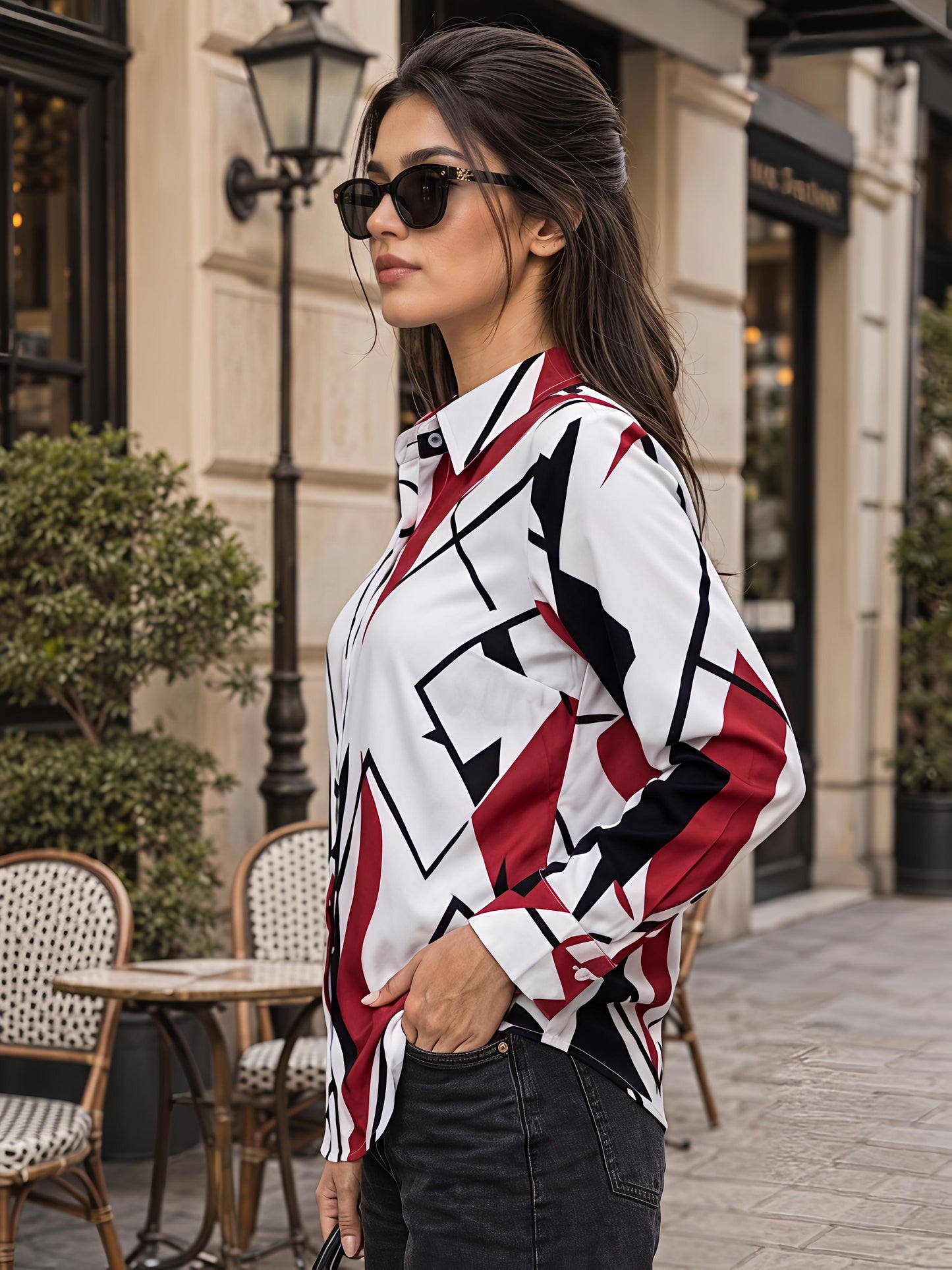 White Printed Geometric Floral Collared Button Down Shirt Women