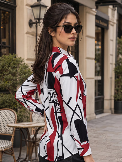 White Printed Geometric Floral Collared Button Down Shirt Women