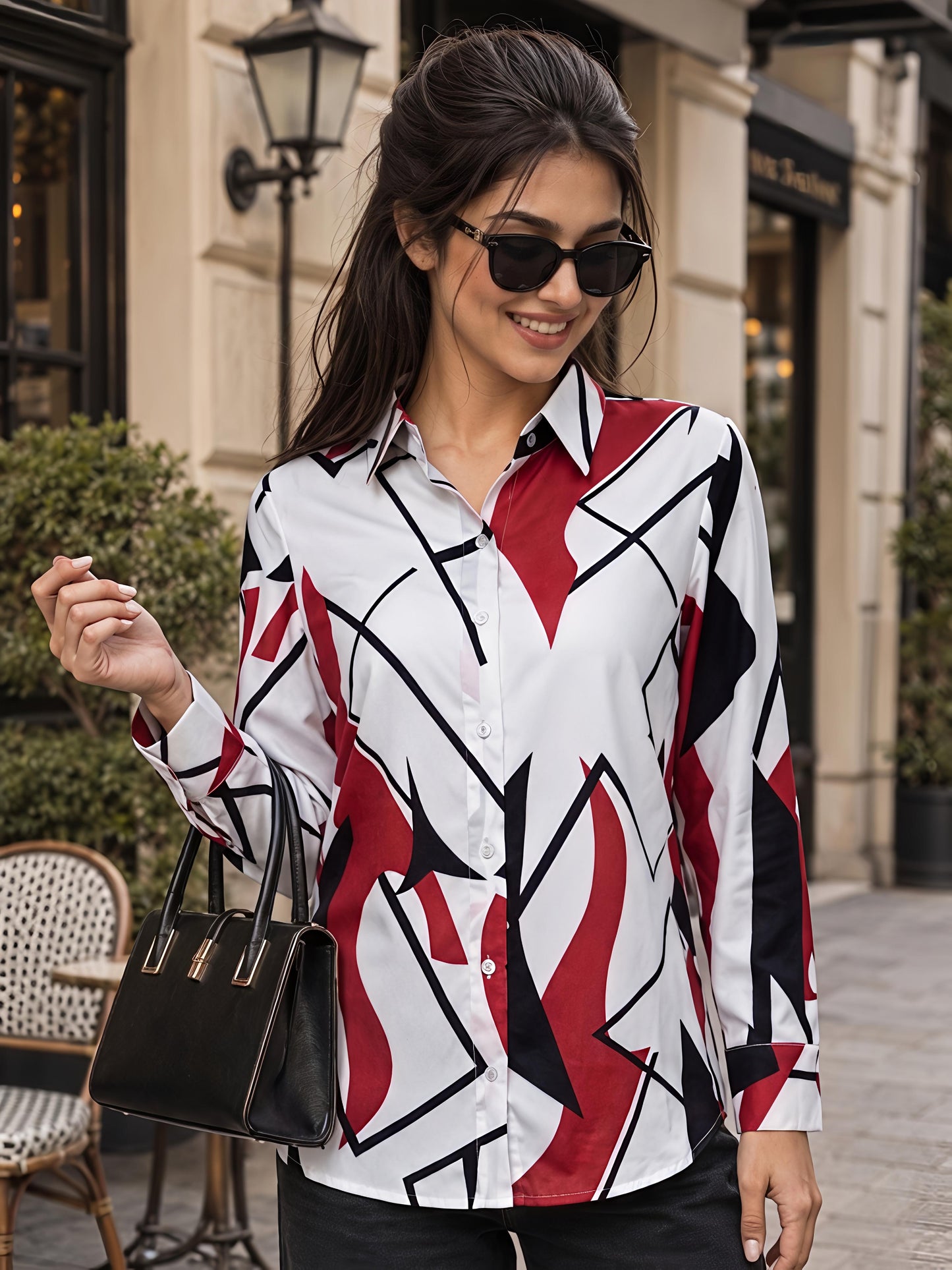 White Printed Geometric Floral Collared Button Down Shirt Women