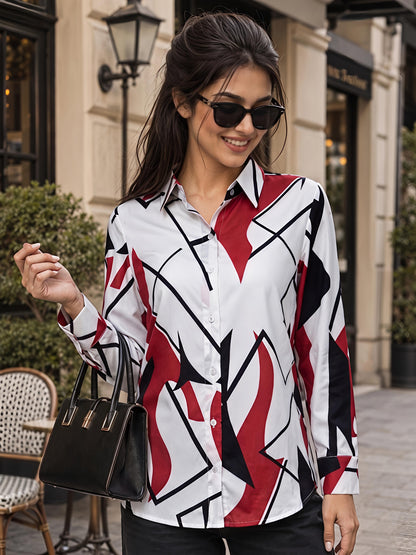 White Printed Geometric Floral Collared Button Down Shirt Women
