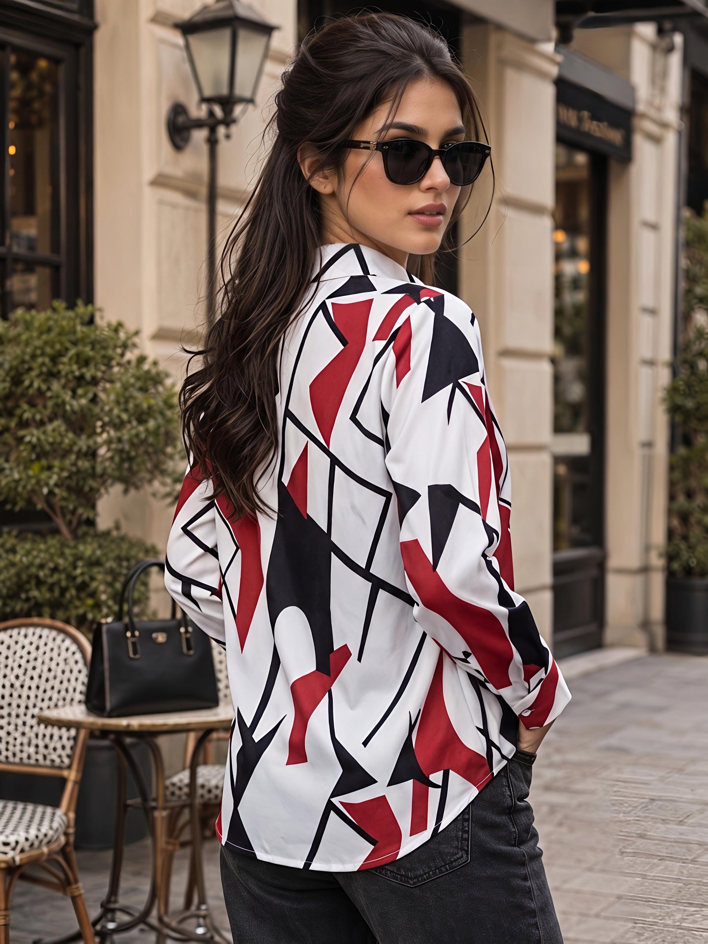 White Printed Geometric Floral Collared Button Down Shirt Women