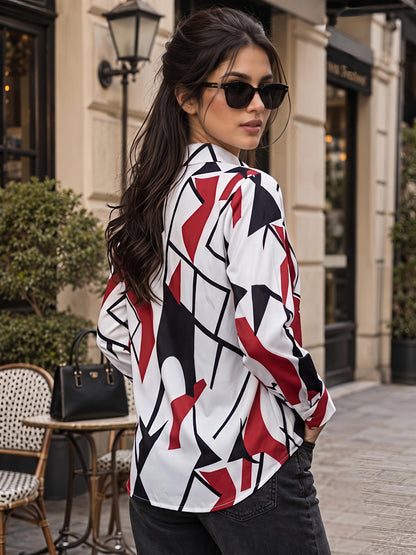 White Printed Geometric Floral Collared Button Down Shirt Women